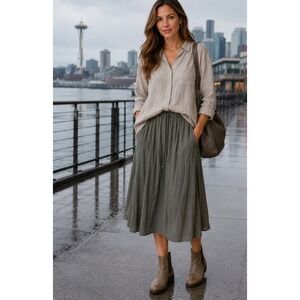 Raquel Allegra Olive Green A-Line Midi Casual Skirt Rayon Size 1 Medium USA
